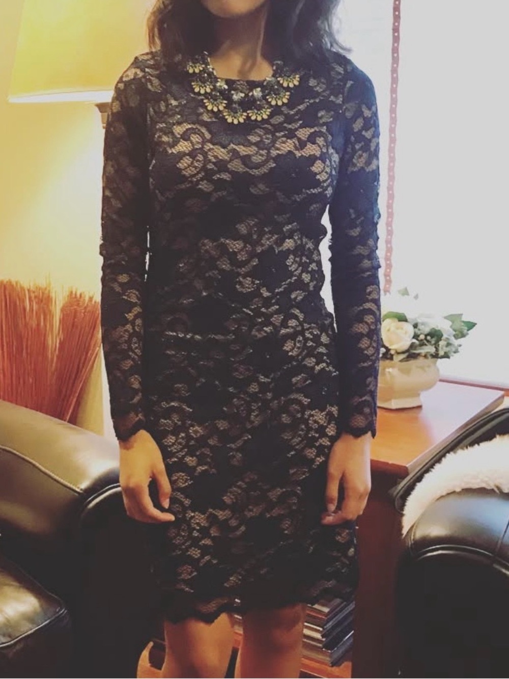 Navy Lace Long-Sleeve Sheath Dress